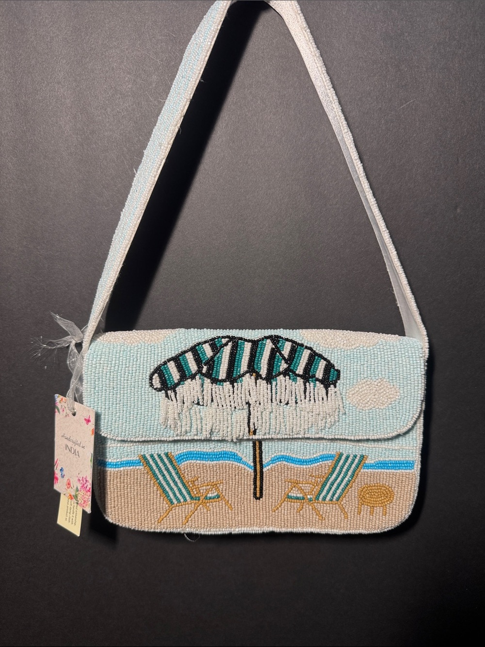Beaded Beach Scene Shoulder Bag - Light Blue